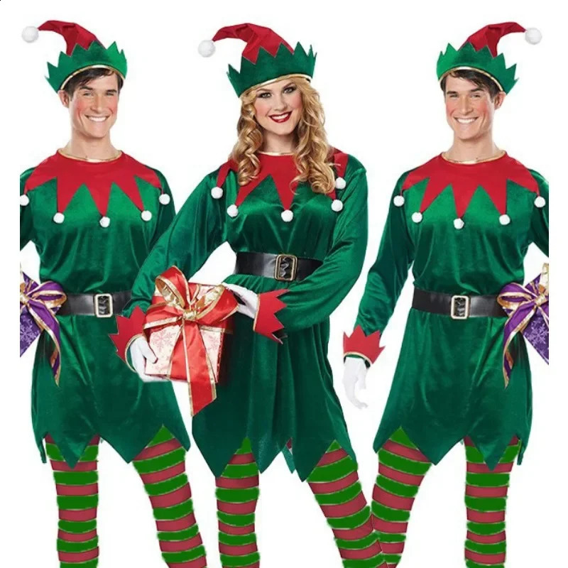 Christmas Elf Costume Womens Adult Santa Claus Green Elf Role Playing Costume Set Christmas Carnival Fancy Party Dress 240927