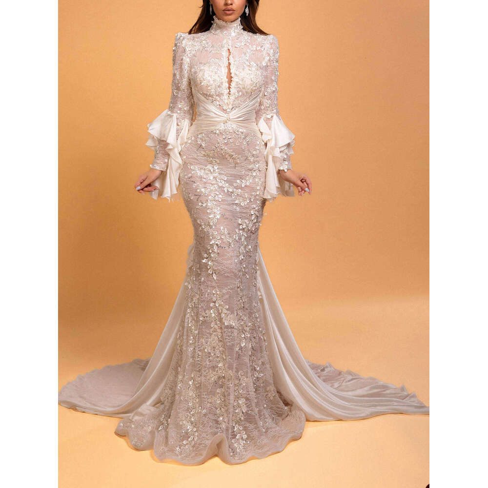Dresses Mermaid High Collar Appliques Sequined Backless Or-Length Princess Bride Wedding Dress Custom Made 0228Lz