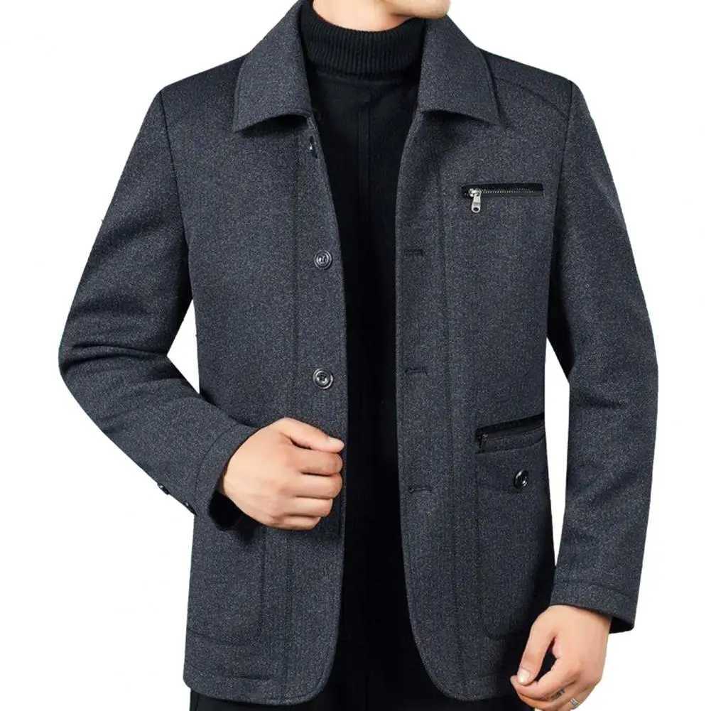 Casual Jacket Mens Thick Plush Lapel Jacket with Zipper Pockets Warm Winter Coat for Father Plus Size Mid Length for AutumnX240926
