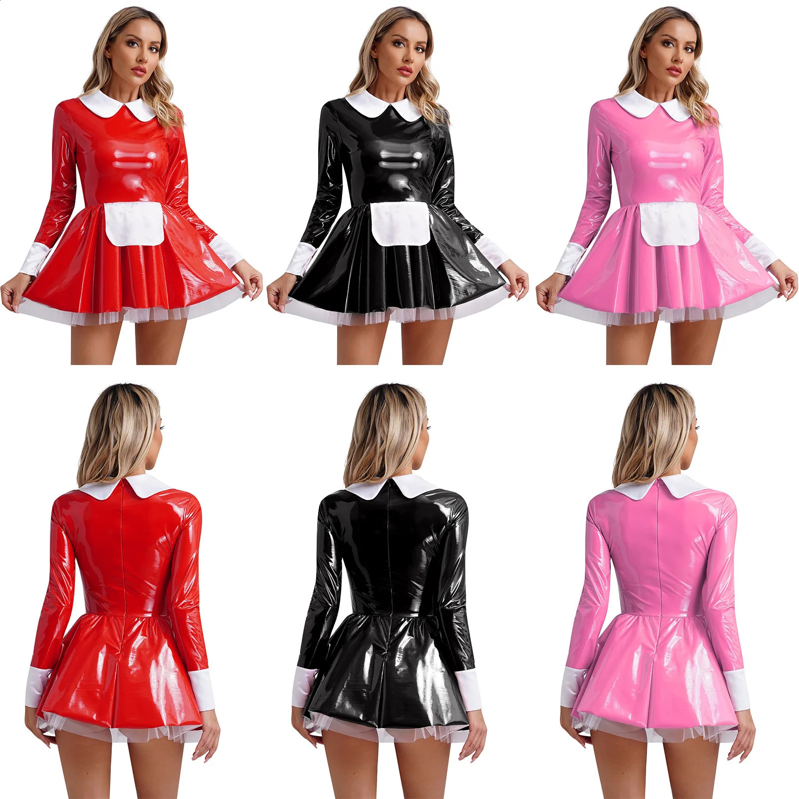 Womens sexy artificial latex French maid dress Halloween sweet Lolita cosplay A-line mini dress club costume maid Wante maid costume 240923