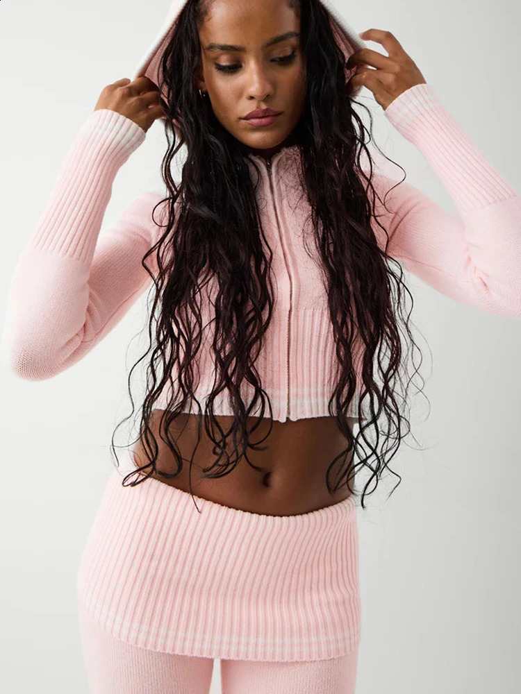 Fantoye Knitted Hoodie Two Piece Womens Track and Field Uniform Pink Long Sleeve Zipper Sweater Set Womens Tight Solid Casual Pants Set 240927