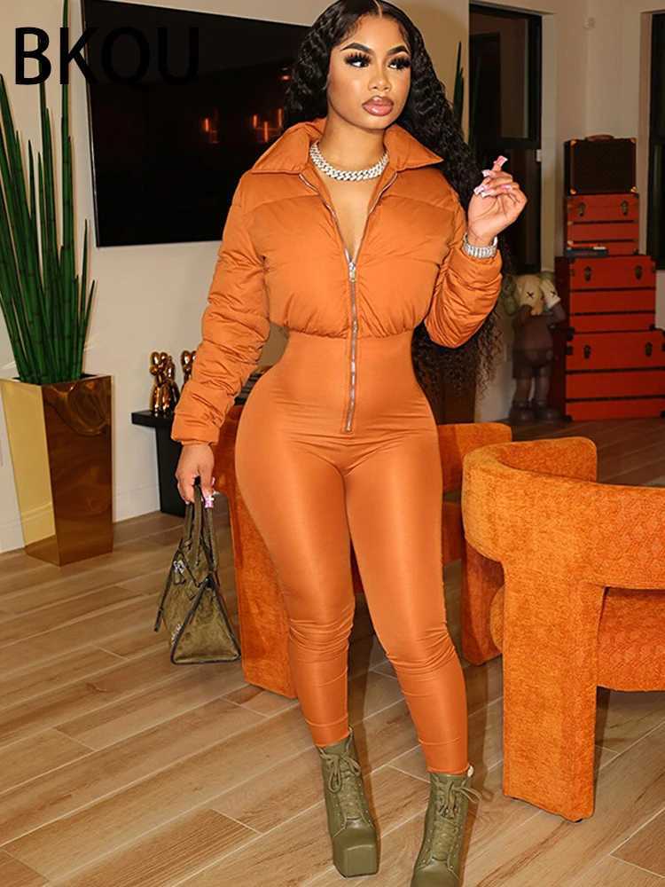 BKQU Patchwork Bodycon Long Sleeve Jumpsuits For Women Autumn Winter Thick Warm High Waist Zipper Trend One-piece Rompers M240926