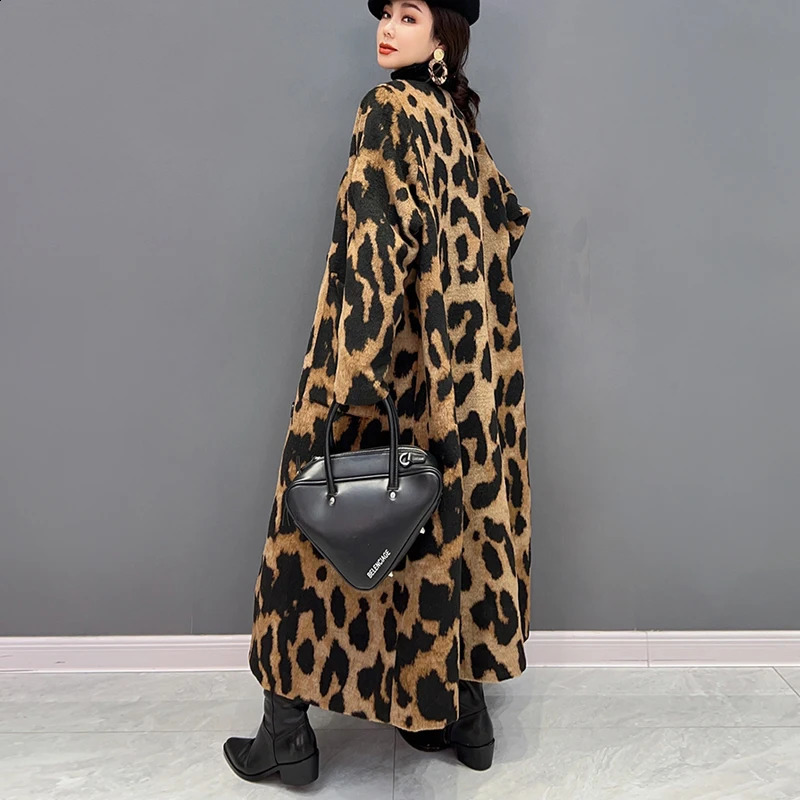 Winter Woman Trench Coat Long Jacket Single Breasted Brown Leopard Print Loose Fit Oversized Windbreaker Outerwear JJCT029 240926