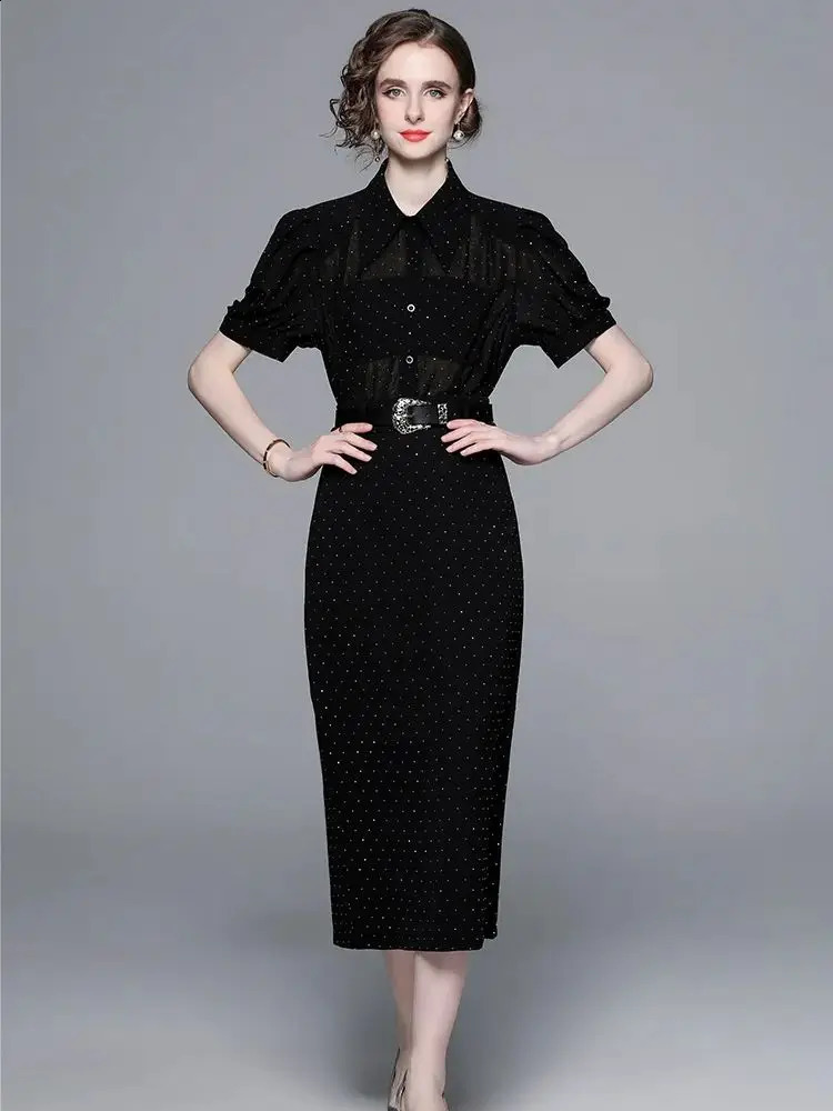 Elegant Drill Black Two Piece Set Women Short Puff Sleeve Dot See Through Chiffon Blouse Shirt Belt Long Split Skirt Suits 240927