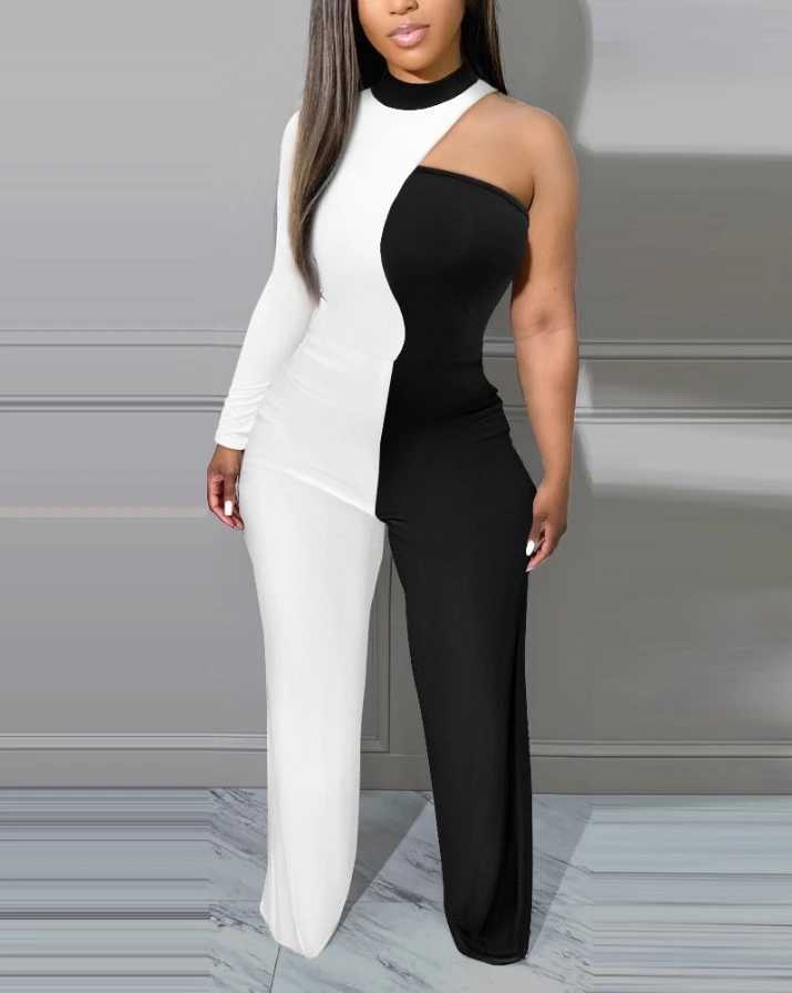 Womens Jumpsuit Elegant Sexy Party Club Wear Colorblock Round Neck One Shoulder Long Sleeve Skinny Wide Leg Jumpsuit M240926