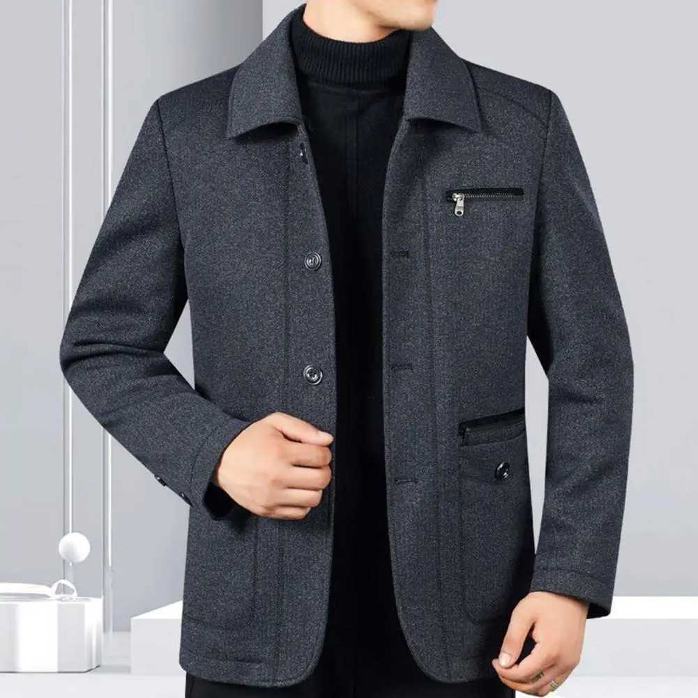 Casual Jacket Mens Thick Plush Lapel Jacket with Zipper Pockets Warm Winter Coat for Father Plus Size Mid Length for AutumnX240926
