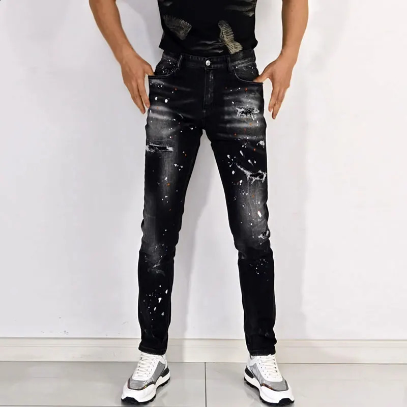 Street fashion mens jeans high-quality retro black gray elastic slim fit open top jeans mens er hip-hop jeans 240927