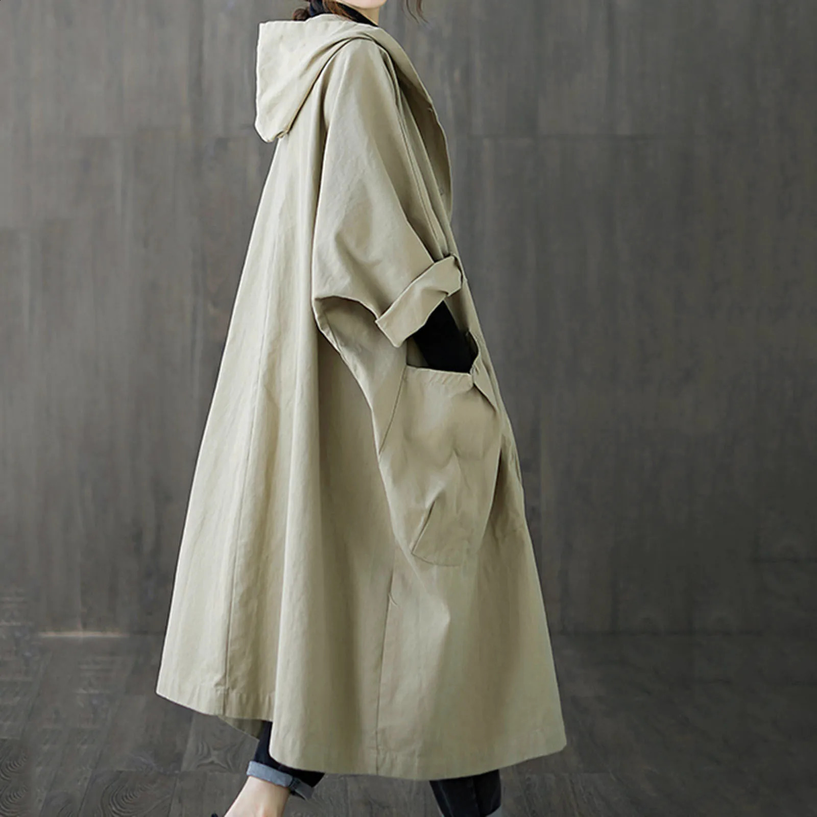 khaki long trench coat womens long displacement single displacement trench coat autumn elegant Midi length coat 240927