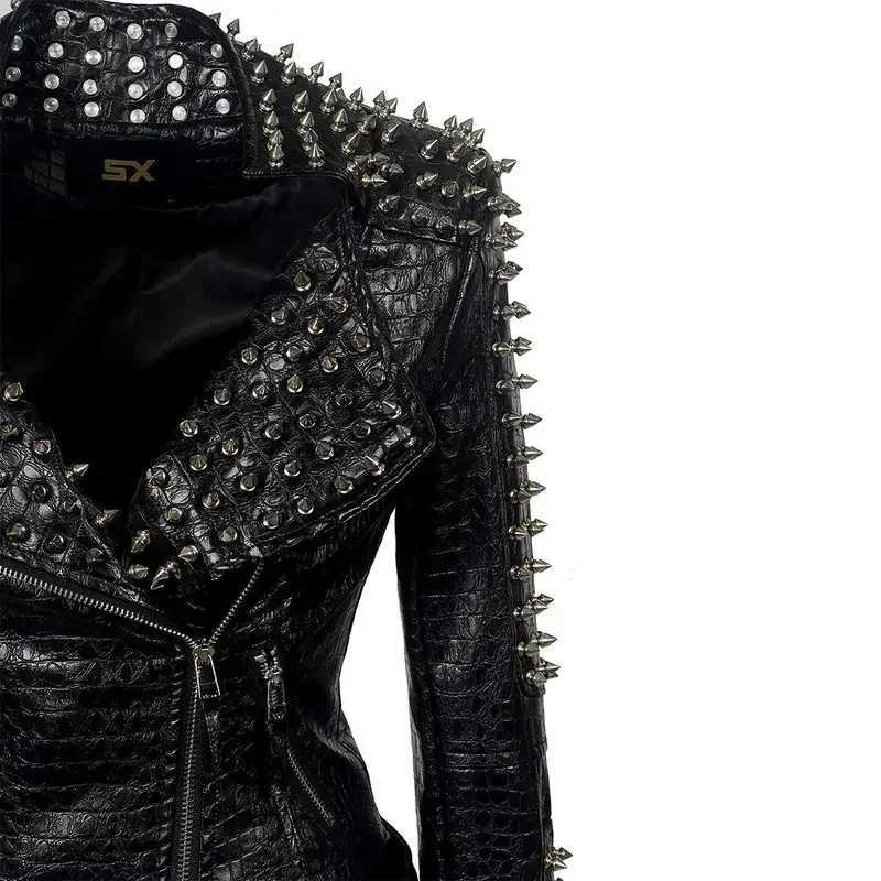 Womens short leather jacket Gothic ultra-thin jacket long sleeved clothing Harajuku fashion top Y2k rivet black jacket autumn Ne W240926