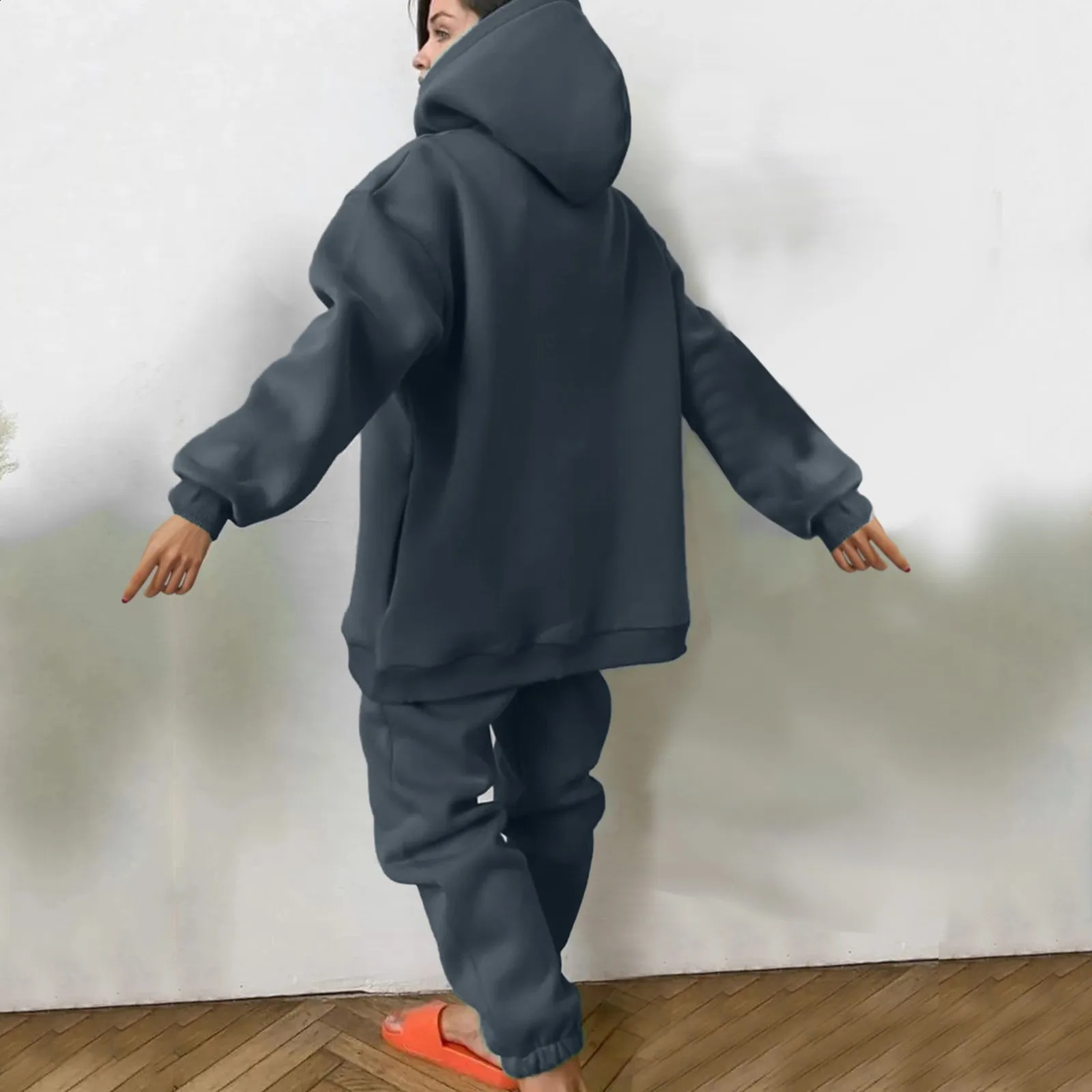 Grey pants set autumn loose casual hoodie turtle neck sports shirtjogging fitness bag 2piece 240927