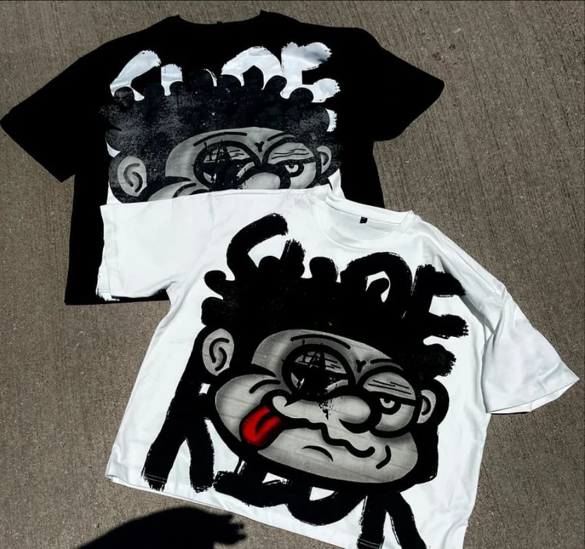 Retro cartoon monster print 100% pure cotton short sleeved Y2K summer Harajuku oversized shirt 240926