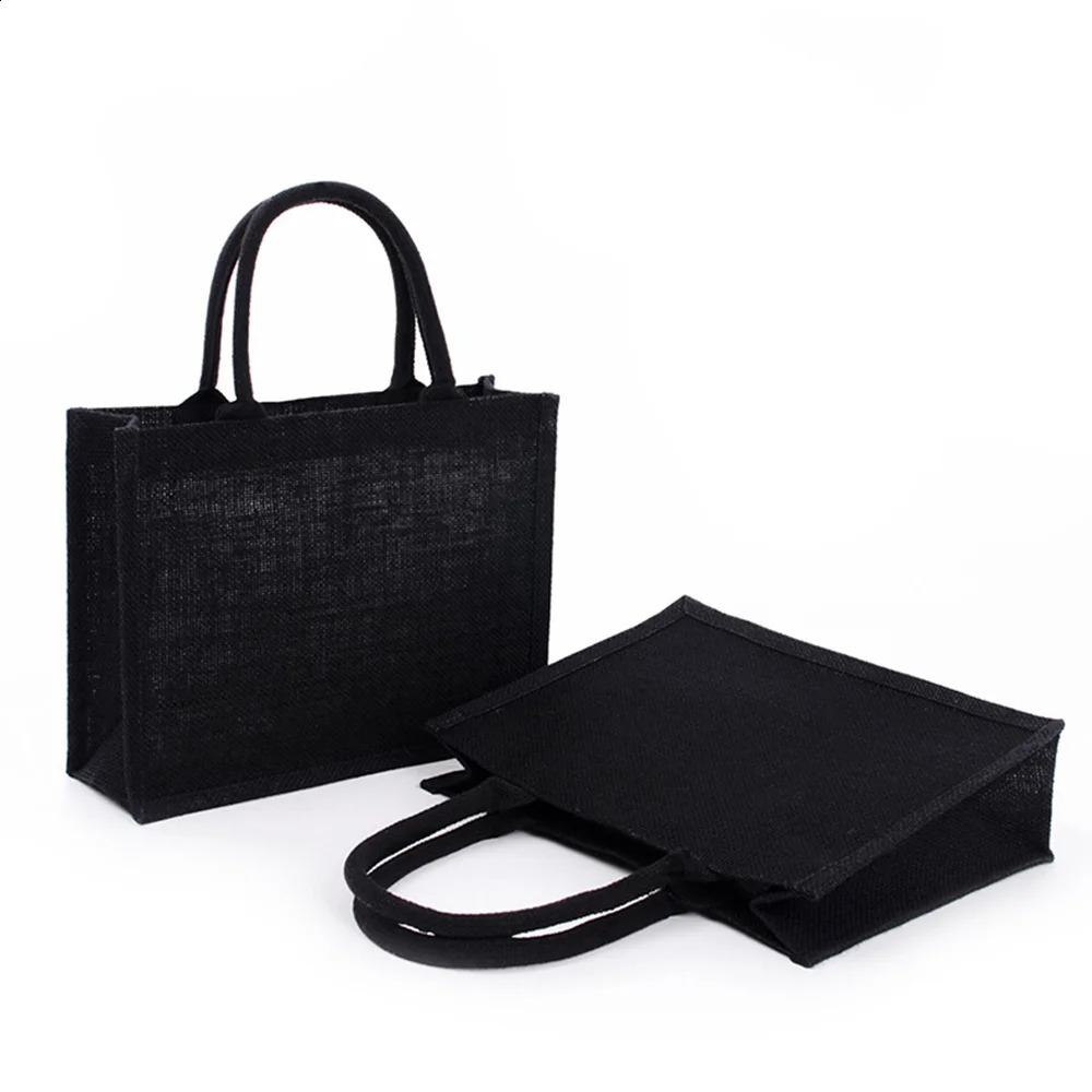 High Quality Large Black Burlap Tote Bag Shopping Portable EcoFriendly Reusable Unisex Student Handbag 240925
