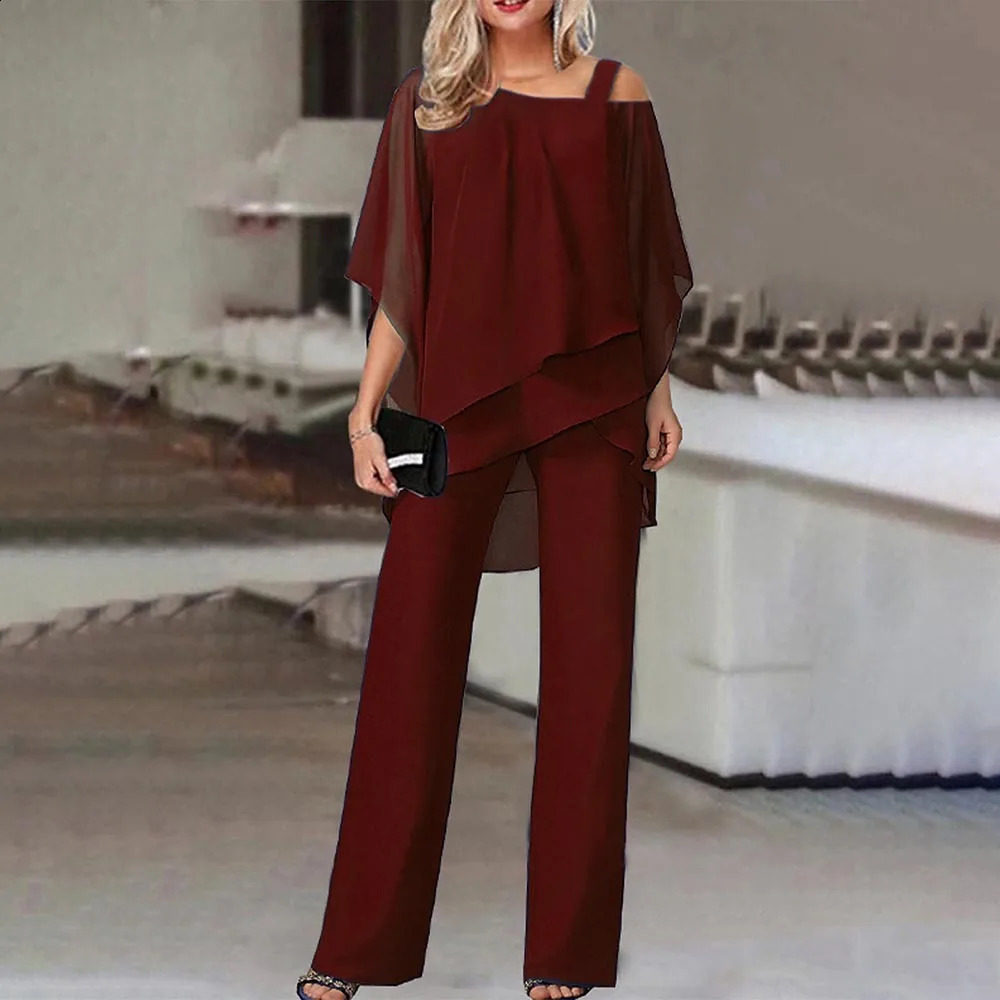 Casual Chiffon Off Shoulder Ruffled Irregular Top Set Women Office Commuting 2 Piece Elegant Ladies Party Straight Pants Outfits 240927