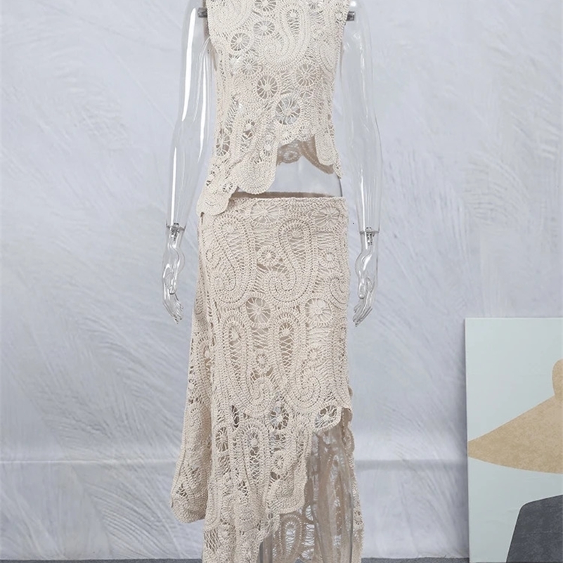 Crochet Knitted Asymmetric Womens Dress Set Chic Oneck Sleeveless Top Short Lining Skirt Suit 2023 Fashion Fairy Sweet Outfits y240926