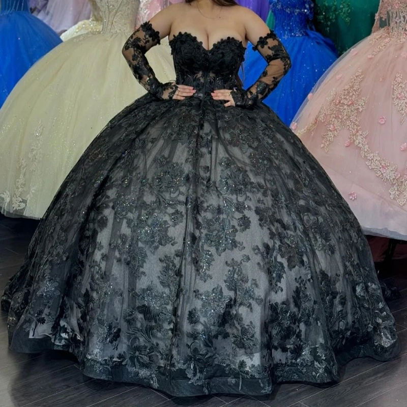 Black Shiny Quinceanera Dresses Ball Gown Off The Shoulder Beading Appliques Lace Tull Corset Sweet 16 Dress Vestidos De 15 Anos