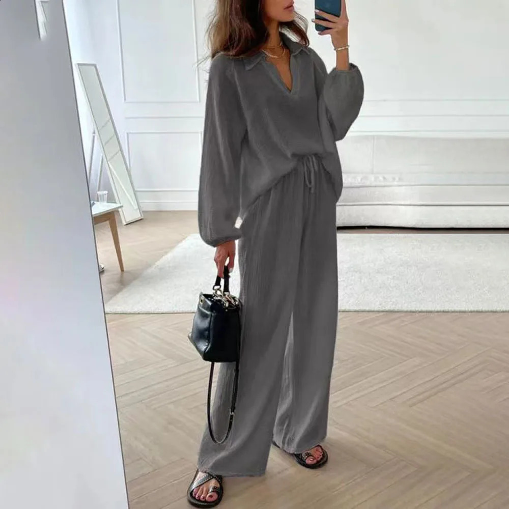Casual long sleeved top and pants set for women fashion V-neck shirt wide leg pants two-piece set elegant womens clothing 240927