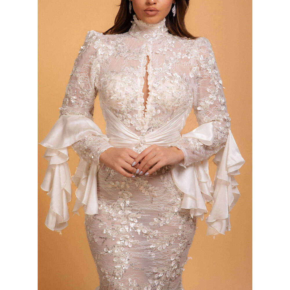 Dresses Mermaid High Collar Appliques Sequined Backless Or-Length Princess Bride Wedding Dress Custom Made 0228Lz