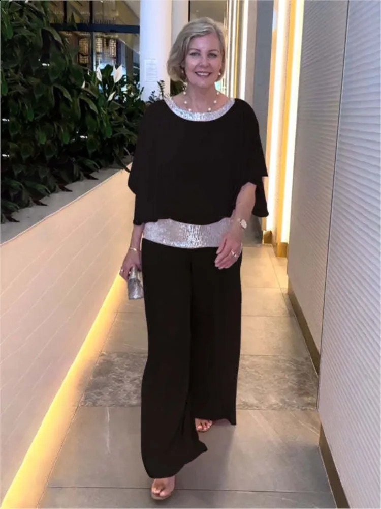 Fashion Sequin Splicing Chiffon Shirt Womens Suit Bat Short Sleeve Wide Leg Pants Summer Elegant Female Office 2 Piece Set 240927