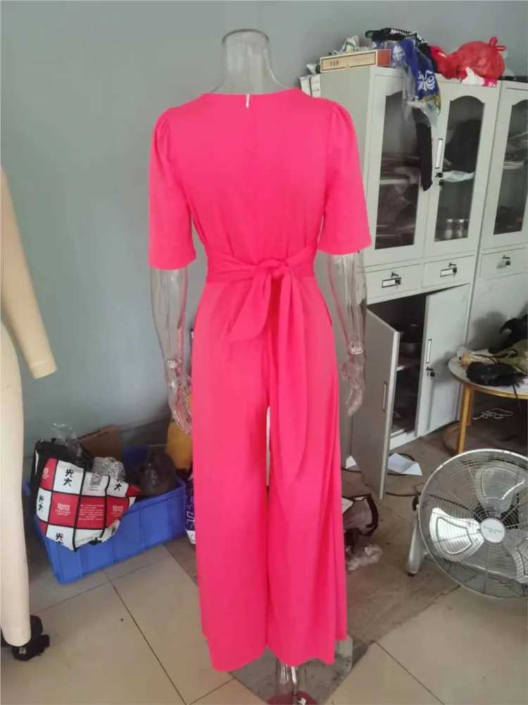 Jump Suits For Women Spring Autumn New Fashion V-neck Solid Color Temperament High Waist Womens Wide Leg Jumpsuit Streetwear M240926