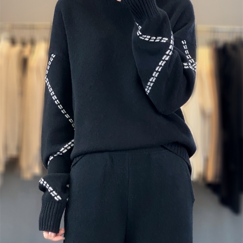 Autumn and Winter 100 Wool Fashion Flat Double Pocket Wide Leg Pants Thickened Embossed High Flip Collar Woolen Sweater Set y240926