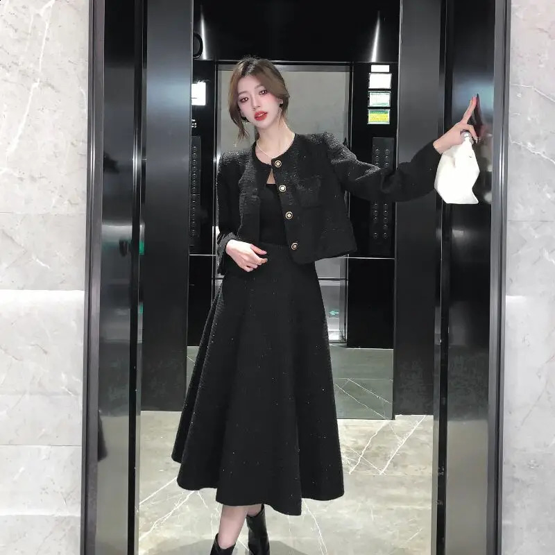 High Quality French Two Piece Set Women Tweed Solid Simple ONeck Long Sleeve Jacket CoatHigh Waist Skirt Suit Autumn Clothes 240926
