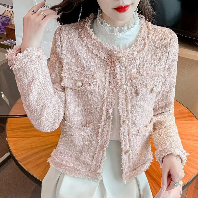 Womens Clothing Round Neck Long Sleeved Wool Coat Single Breasted Tweed Jacket Korean Fashion Crop Top Spring And Autumn