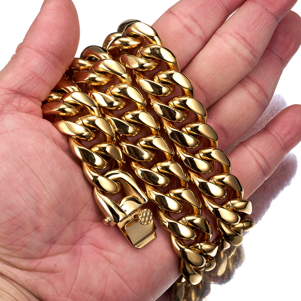 22mm Solid Miami Stainless Steel Cuban Chain Necklace Bracelet 18K Gold Plated Jewelry TopBling