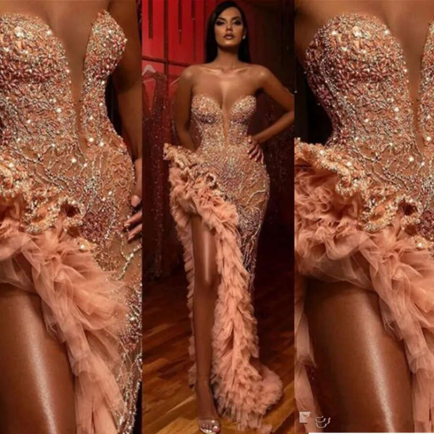 Dresses Sexy Peach Evening Wear For Women Mermaid Sweetheart Crystal Beading High Side Split Or Length Formal Prom Dress Party Gowns mal