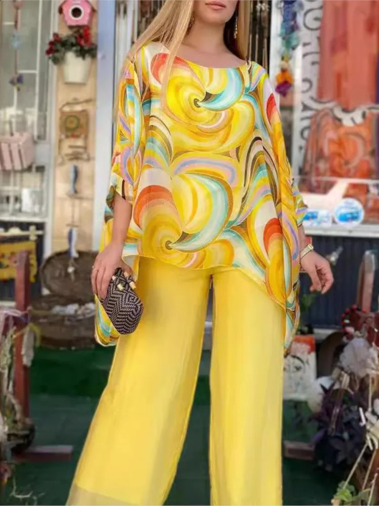 Trendy Print Chiffon 2 Piece Set Outfits Summer Autumn Temperament Batwing Sleeve Loose Blouse Wide Leg Trousers Suits 240927