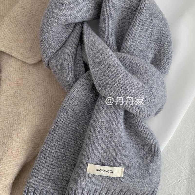 Grey pure wool scarf~High quality black grey pure Australian wool warm knitted scarf for men and women winter scarf Y240927