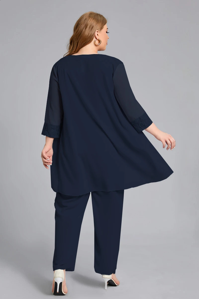 Plus Size Mother of The Bride Sequins Mesh Three Pieces Set Pant Suits Chiffon Casual Matching Elegant Basic Outfit 2024