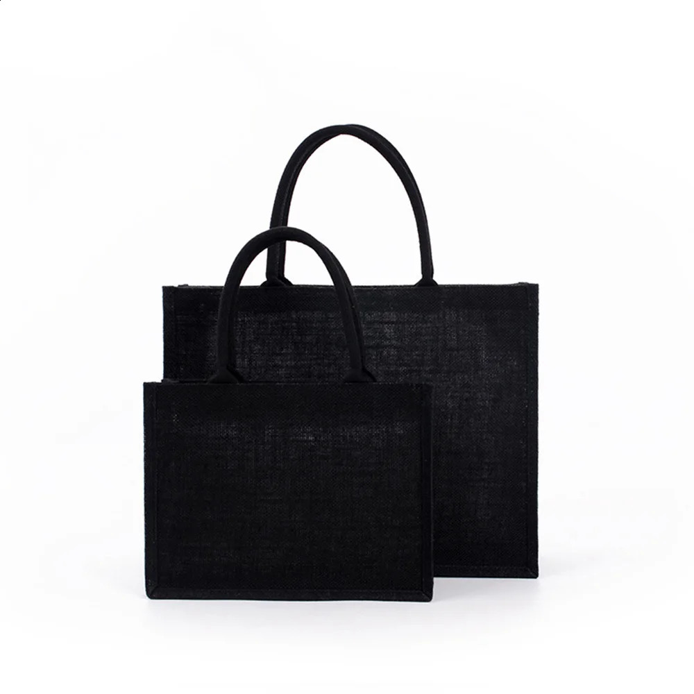High Quality Large Black Burlap Tote Bag Shopping Portable EcoFriendly Reusable Unisex Student Handbag 240925