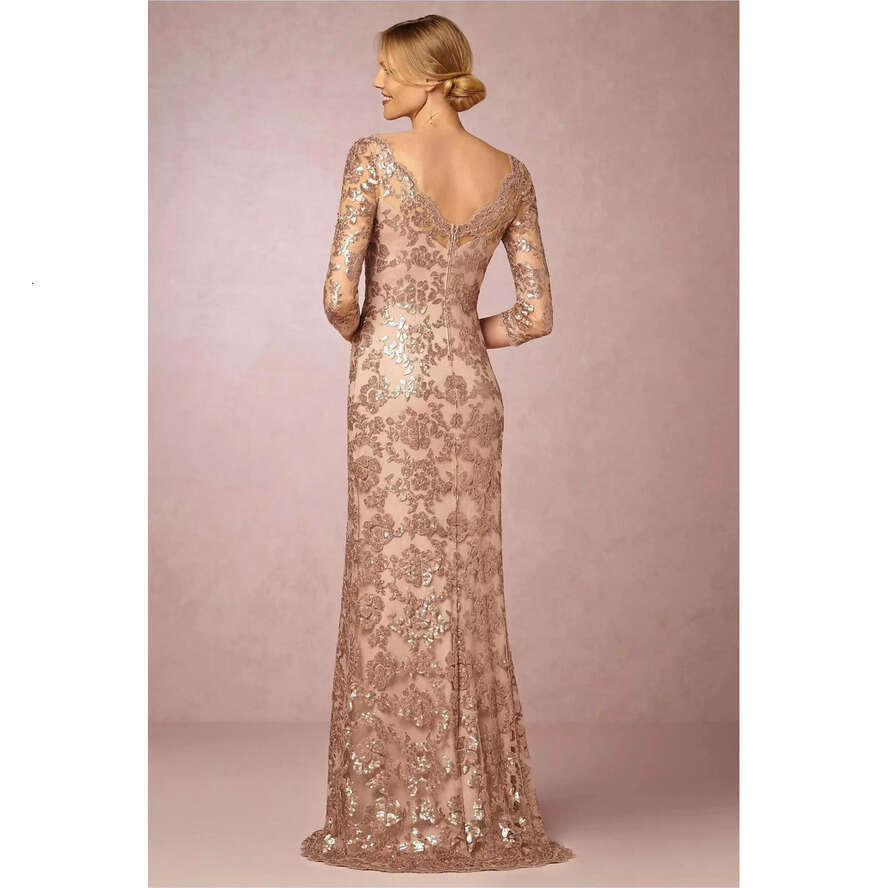 Gold Bg New Rose Sequined Mother Of The Bride Dresses Jewel Lace Appliques V Back Evening Party Dress Formal Wedding Guest Gowns
