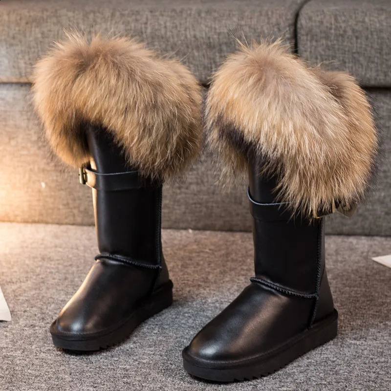 Super Big Fox Fur Snow Boots Real Cowhide Leather Warm Winter Shoes for Women | Black & Brown