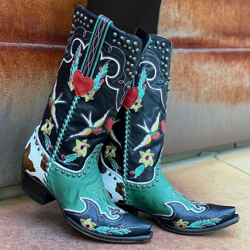 Lanjia Winter Blue Western Cowboy Women Shoes Thick Heels Pointed Toe Embroidered Mid Calf Boots Fashion Cowgirl Booties D