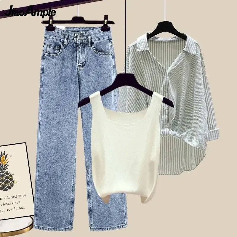 Womens summer striped sunscreen shirtvestwide leg jeans set Korean elegant cardiganjeans matching set 240927