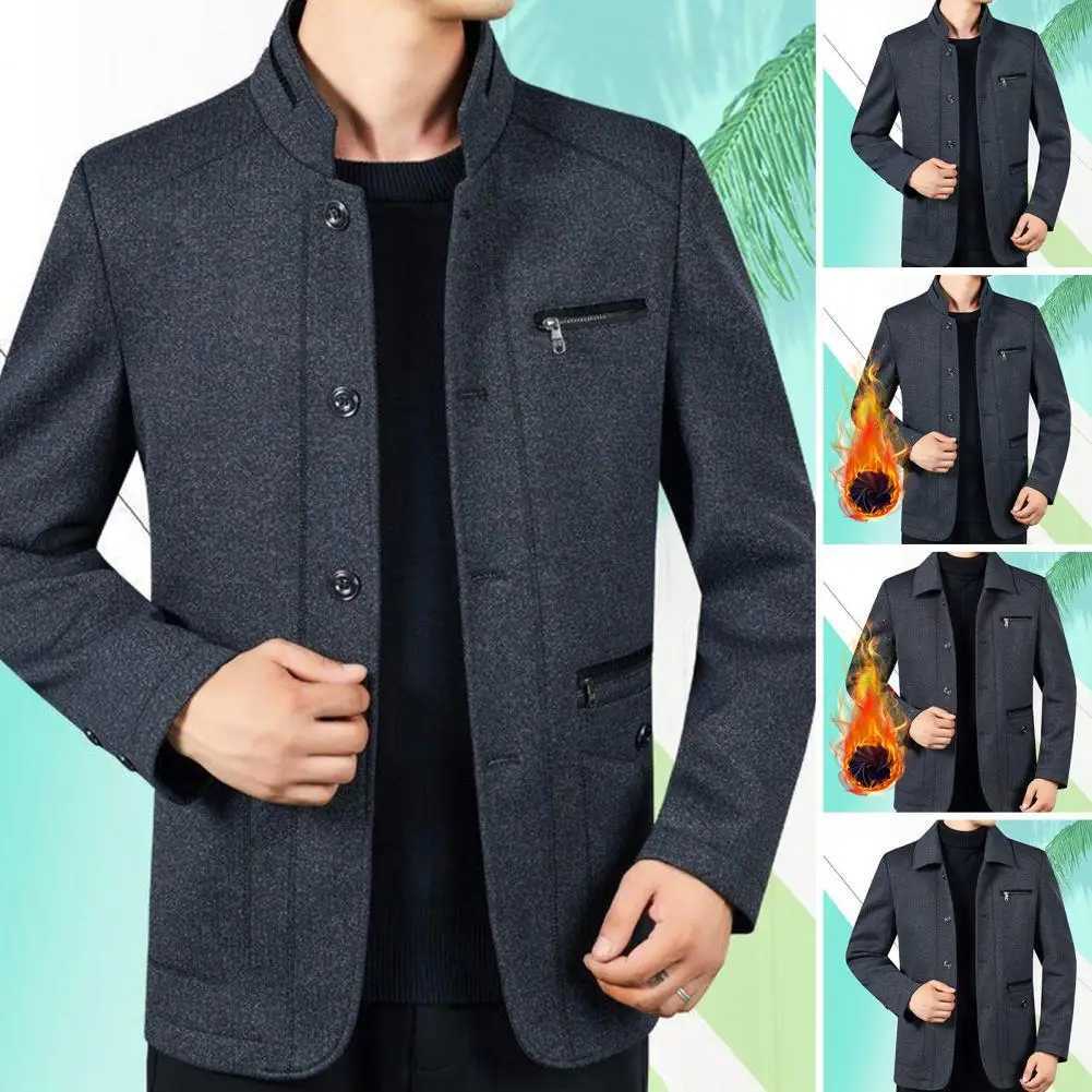 Casual Jacket Mens Thick Plush Lapel Jacket with Zipper Pockets Warm Winter Coat for Father Plus Size Mid Length for AutumnX240926