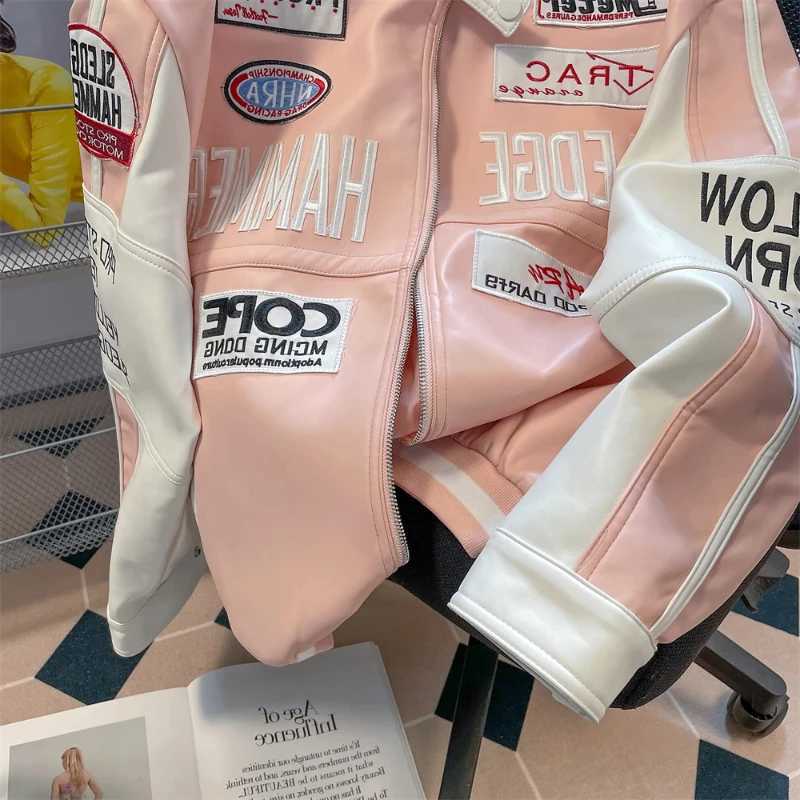 Pink European and American style high-end motorcycle leather jacket workwear baseball uniform high street sweet cool jacket W240926
