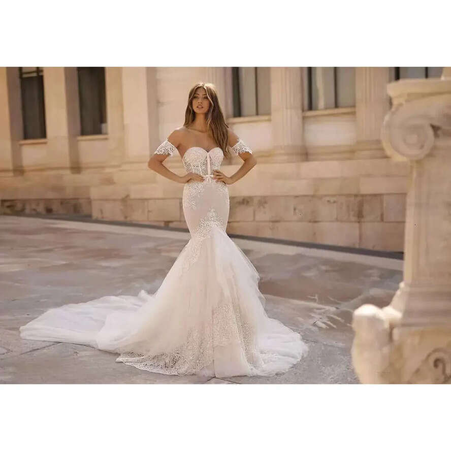 Dress With Sleeveless Strapless Wedding Mermaid Sexy Latest Backless Lace Beads Split Organza Formal Ocn Custom Made Tulle Or-Length