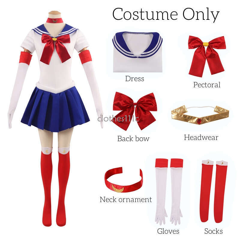 Women's Moon Tsukino Usagi Adult Cosplay Costume 7 Pcs Set Crystal Sailor Suit Dress Wig Props Uniform Outfit Halloween
