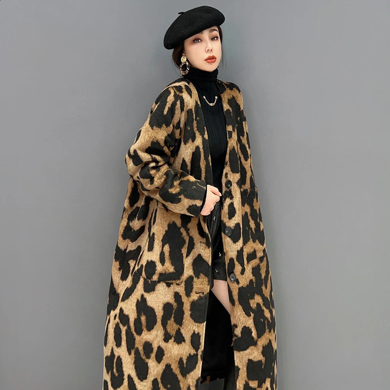 Winter Woman Trench Coat Long Jacket Single Breasted Brown Leopard Print Loose Fit Oversized Windbreaker Outerwear JJCT029 240926