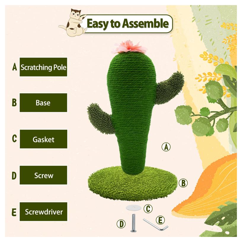 Cute Cat Cactus Floor-to-Ceiling Cat Scratching Post - Natural Sisal Cat Scratcher for Indoor Cats and Kittens