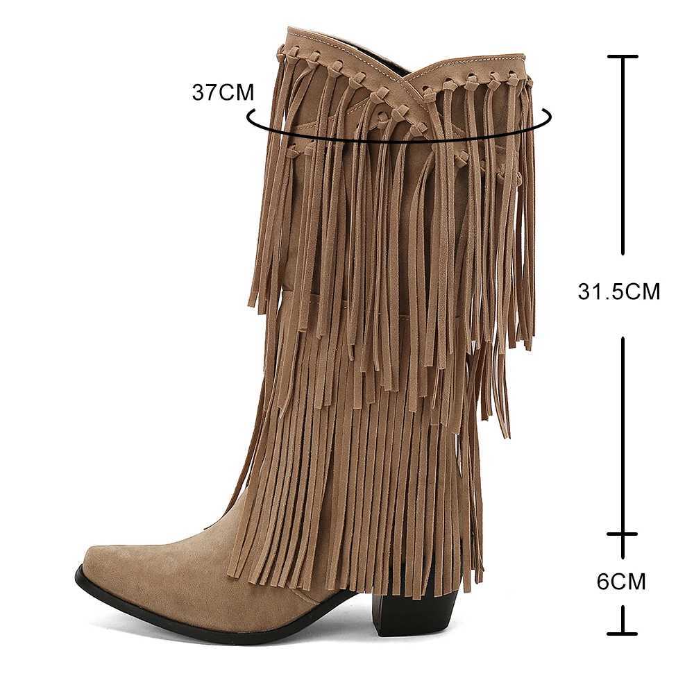 Large size 45 womens retro ethnic western cowboy boots mid piece fringed edge knee high boots womens winter shoes free delivery CL240927