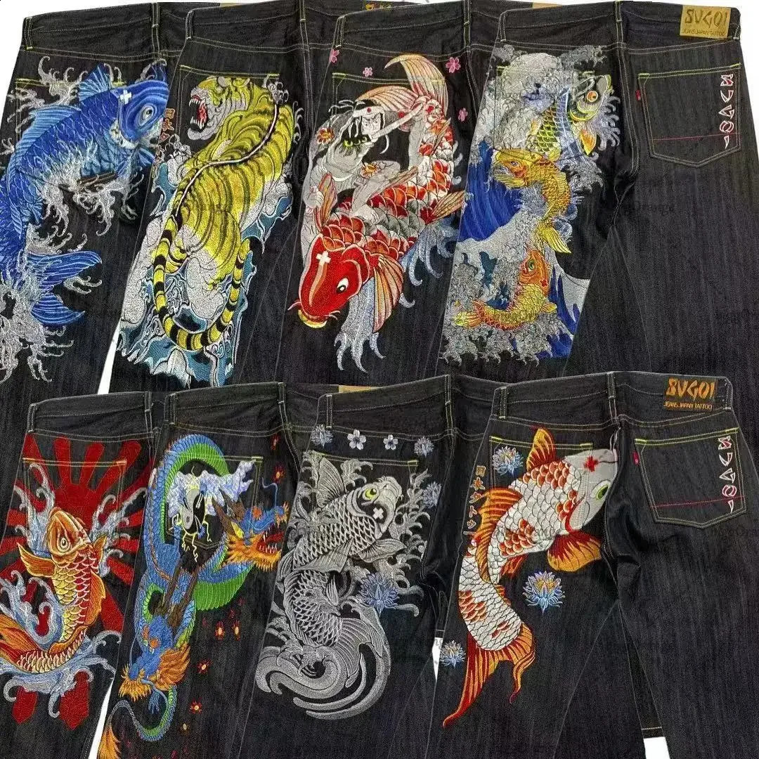 Japanese fashion Karakuri floating world carpet cherry blossom print mens jeans loose fit straight leg pants 240927 - view 3