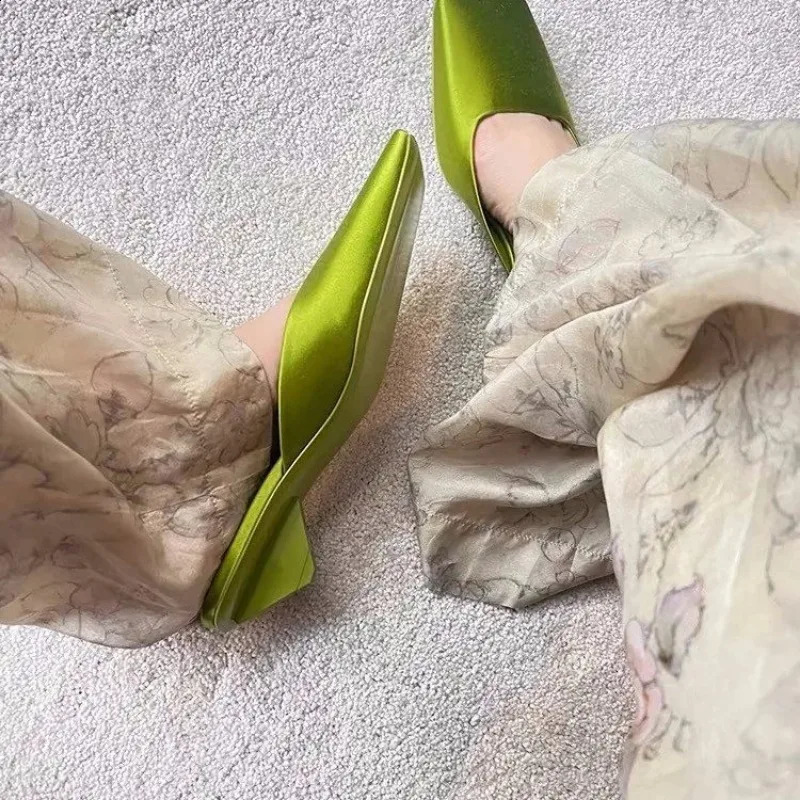 Green Elegant Silk Fabrics Women Slippers Special Fashion Style Low Heels Square Toe Fashion Outwear Shallow Shoes 240924