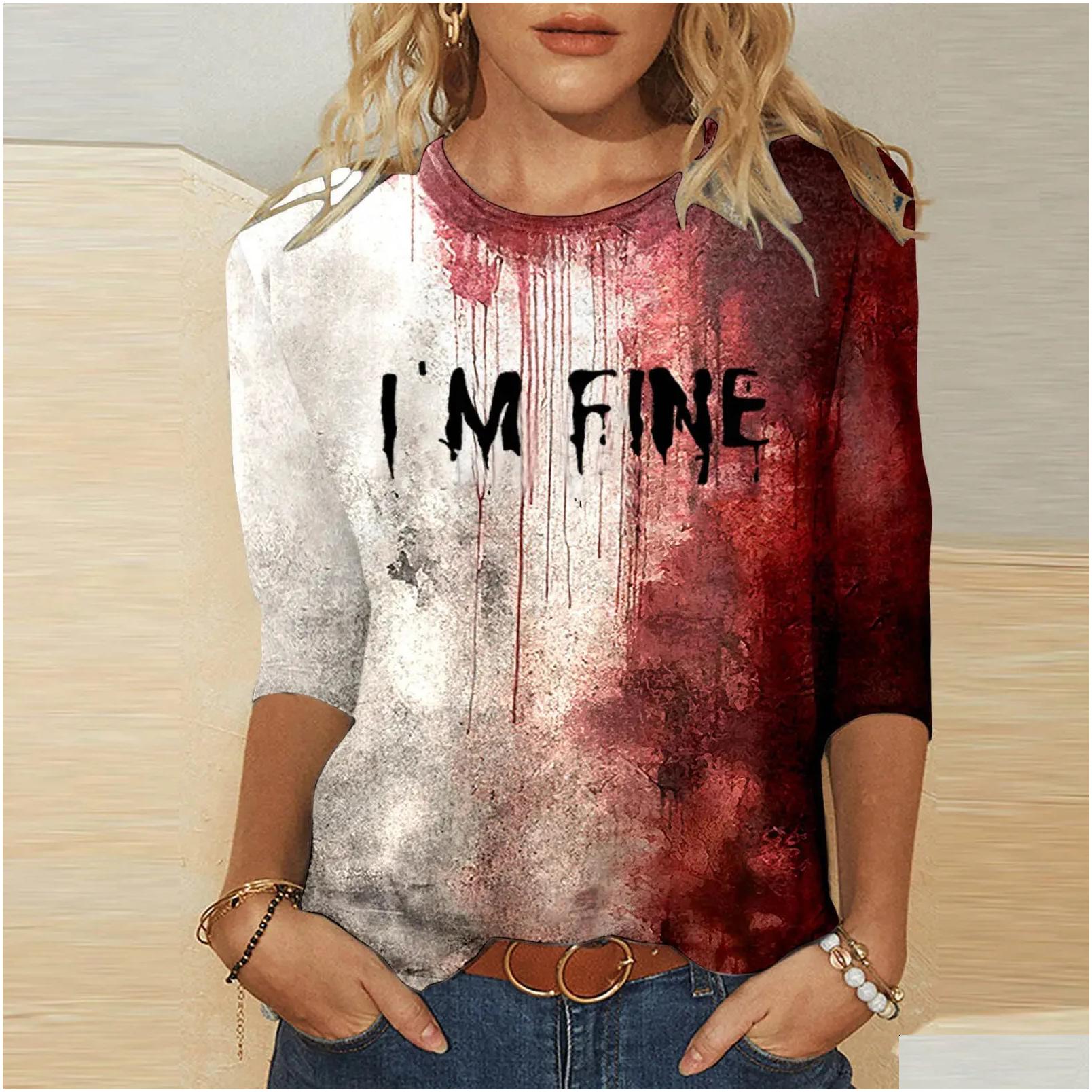 T-Shirt Problem Solved Bloody Fonts Tshirt Halloween Ladies Printed Long Sleeve Crew Neck T Shirt Top Distressed Slim Party Y2K Cloth Dhjfd