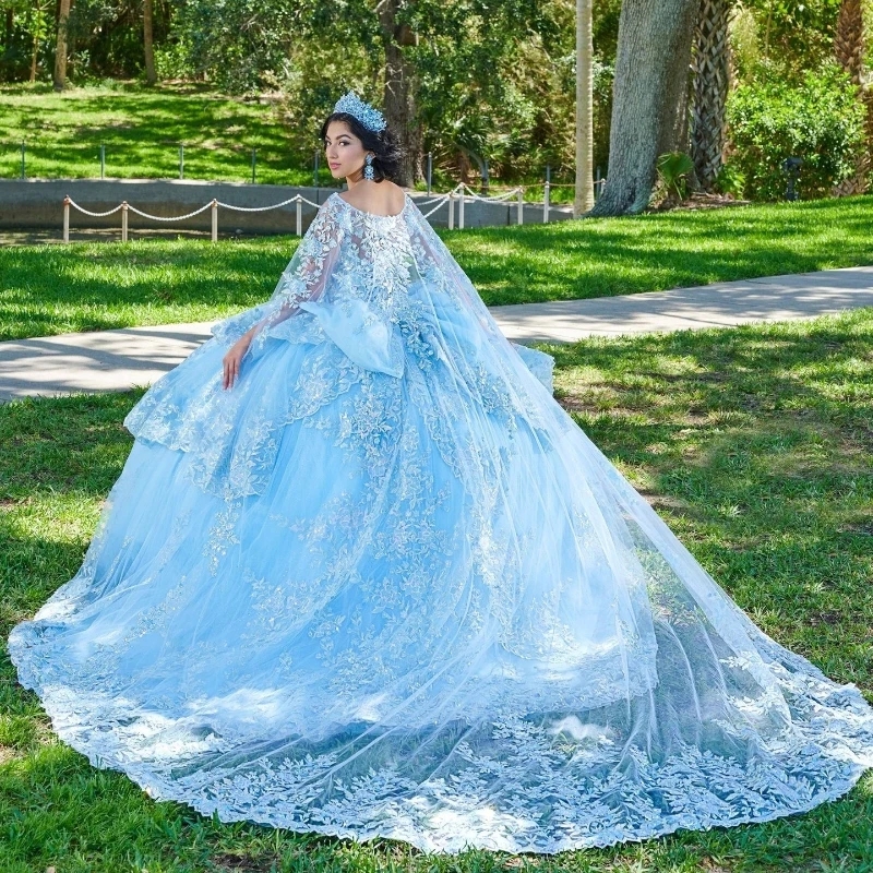 Sky Blue Shiny Quinceanera Dresses Sweet 16 Dress Lace Applique Beads Tull Off Shoulder Lace-up Ball Gowns With Cape Vestido De 15 Anos