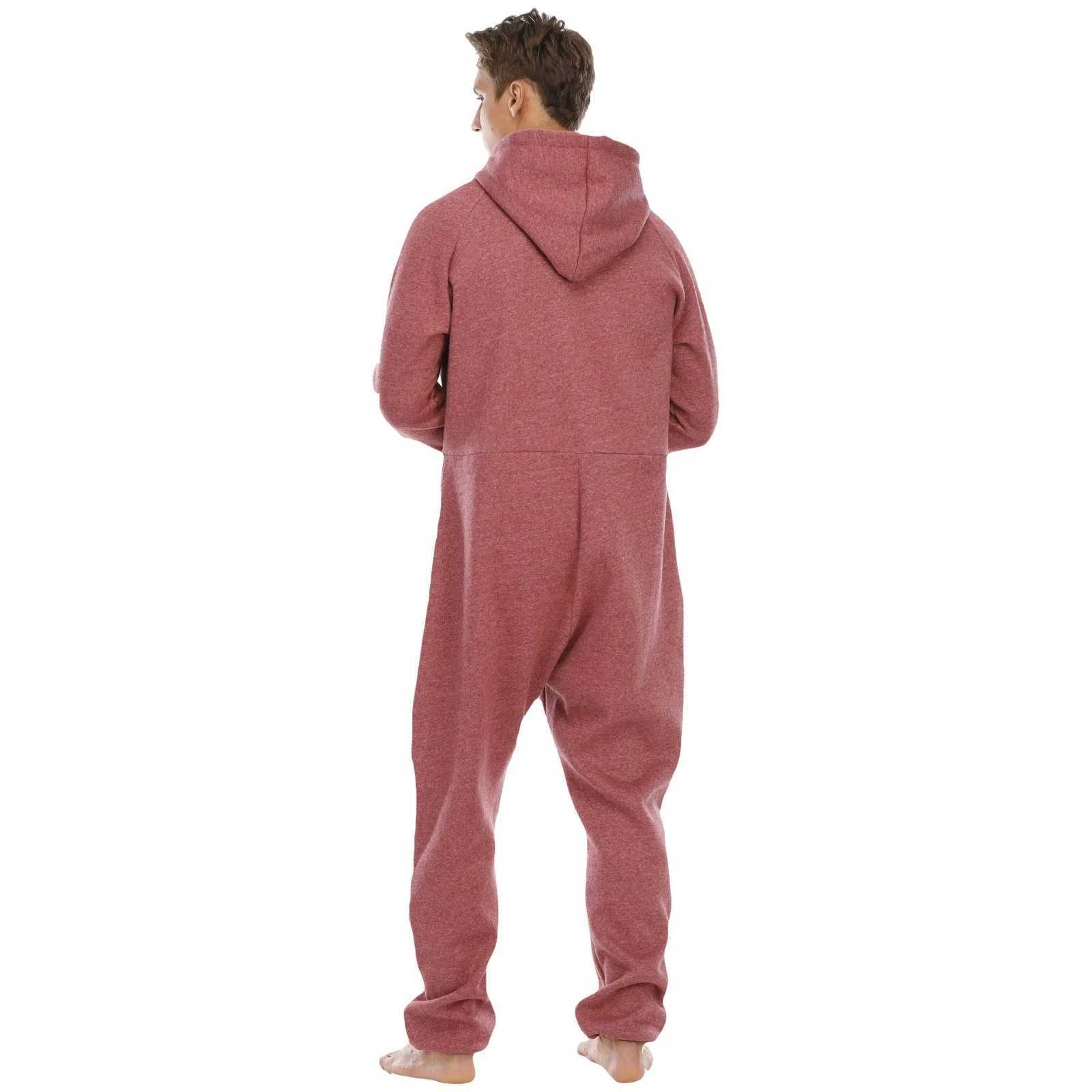 Mens long sleeved pajamas zipper V-neck solid color hoodie mens autumn and winter casual pants 1-piece jumpsuit W240926