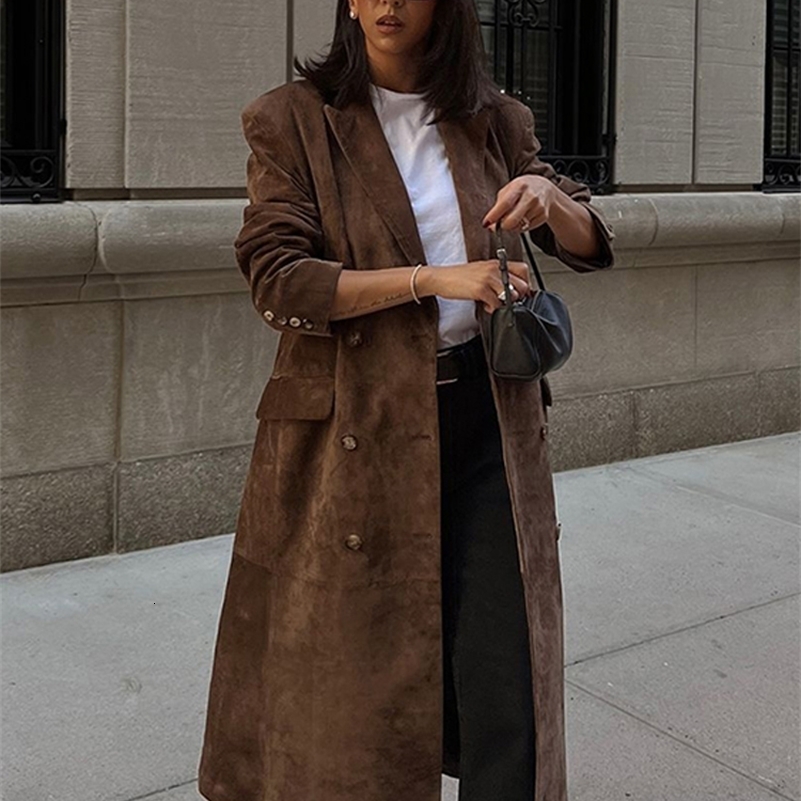 Elegant Suede Leather Women Long Windbreaker Coats Chic Lapel Double Breasted Lady Oversize Jacket 2024 Autumn Street Streetwear 240926