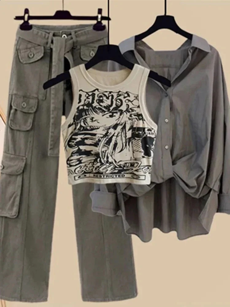 Spring/Summer Set Womens Retro Shirt Versatile Tank Top Fashion Wide Leg Pants 3-Piece Set Trendy 240927